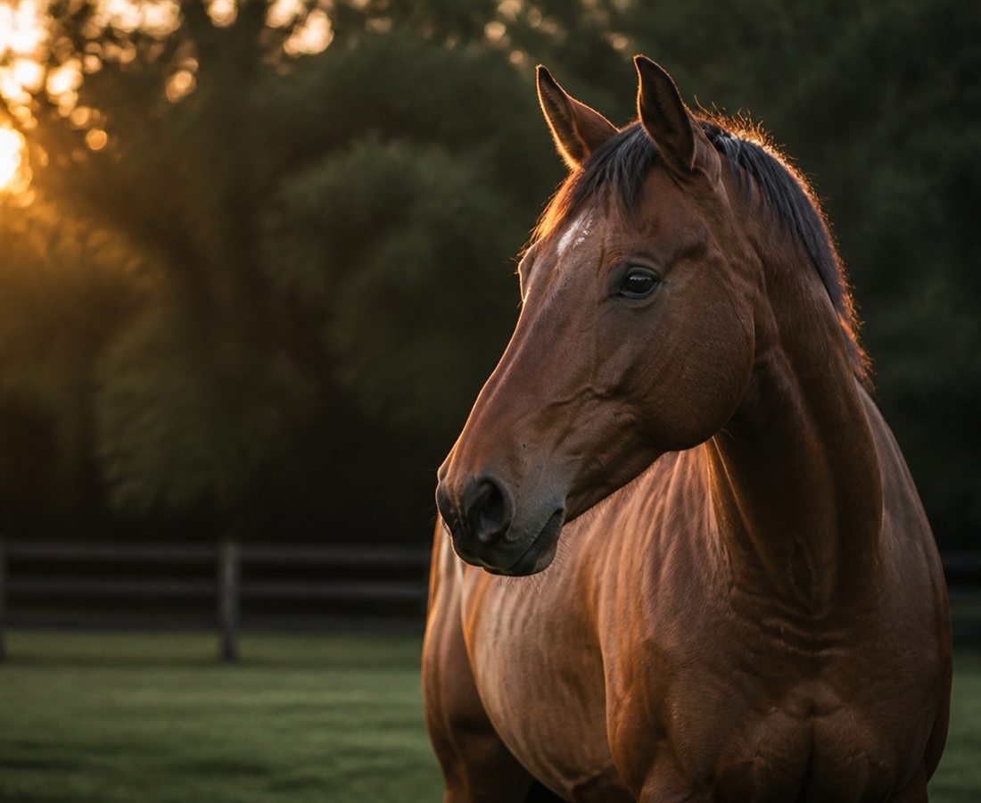 Calm bay horse at golden hour