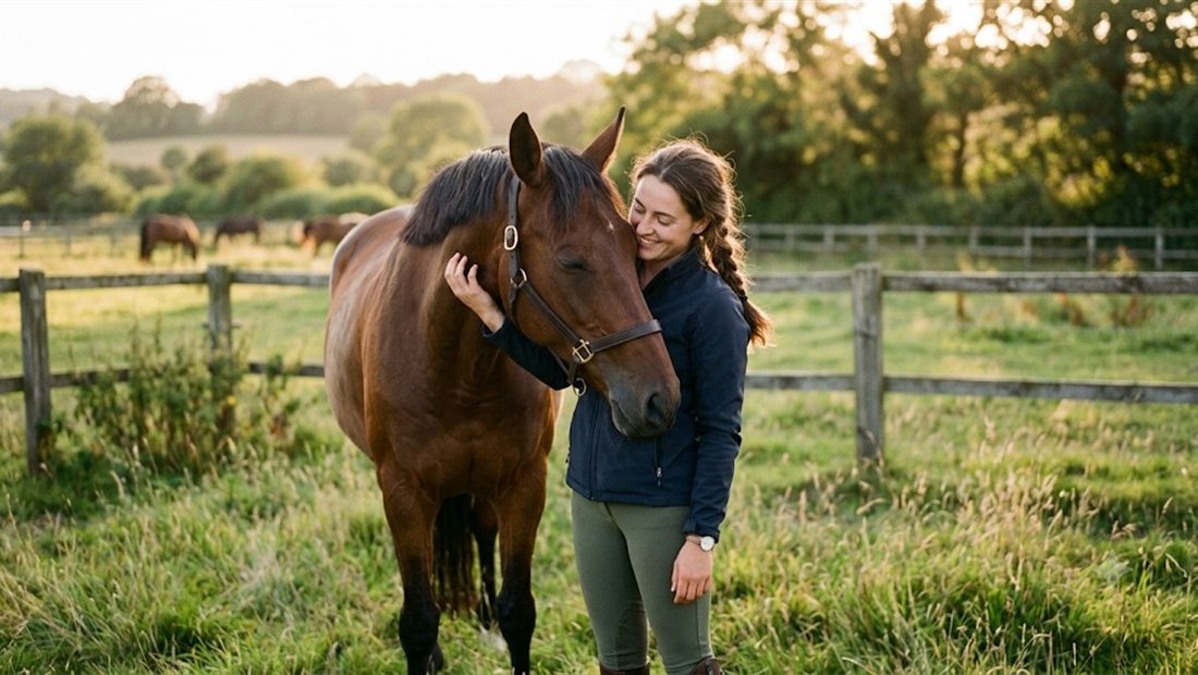 Horse and handler in a pasture at golden hour
