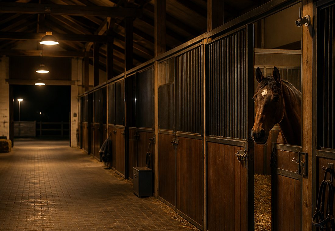 Quiet stable aisle at night with a horse in its stall